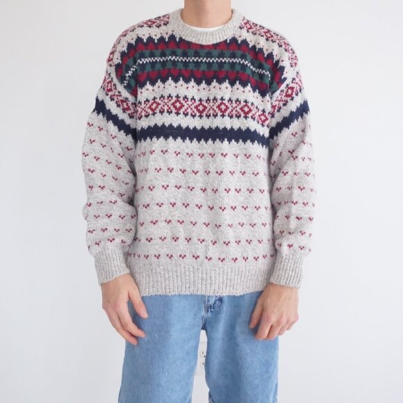 Vintage American Spirit Gray Wool Blend Fair Isle Cabincore Eclectic Sweater L - Picture 1 of 10